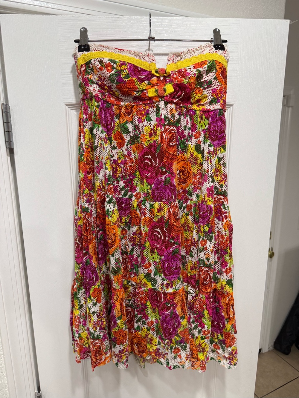 Betsey Johnson Strapless Floral Dress in Pink, Orange, Yellow, Green